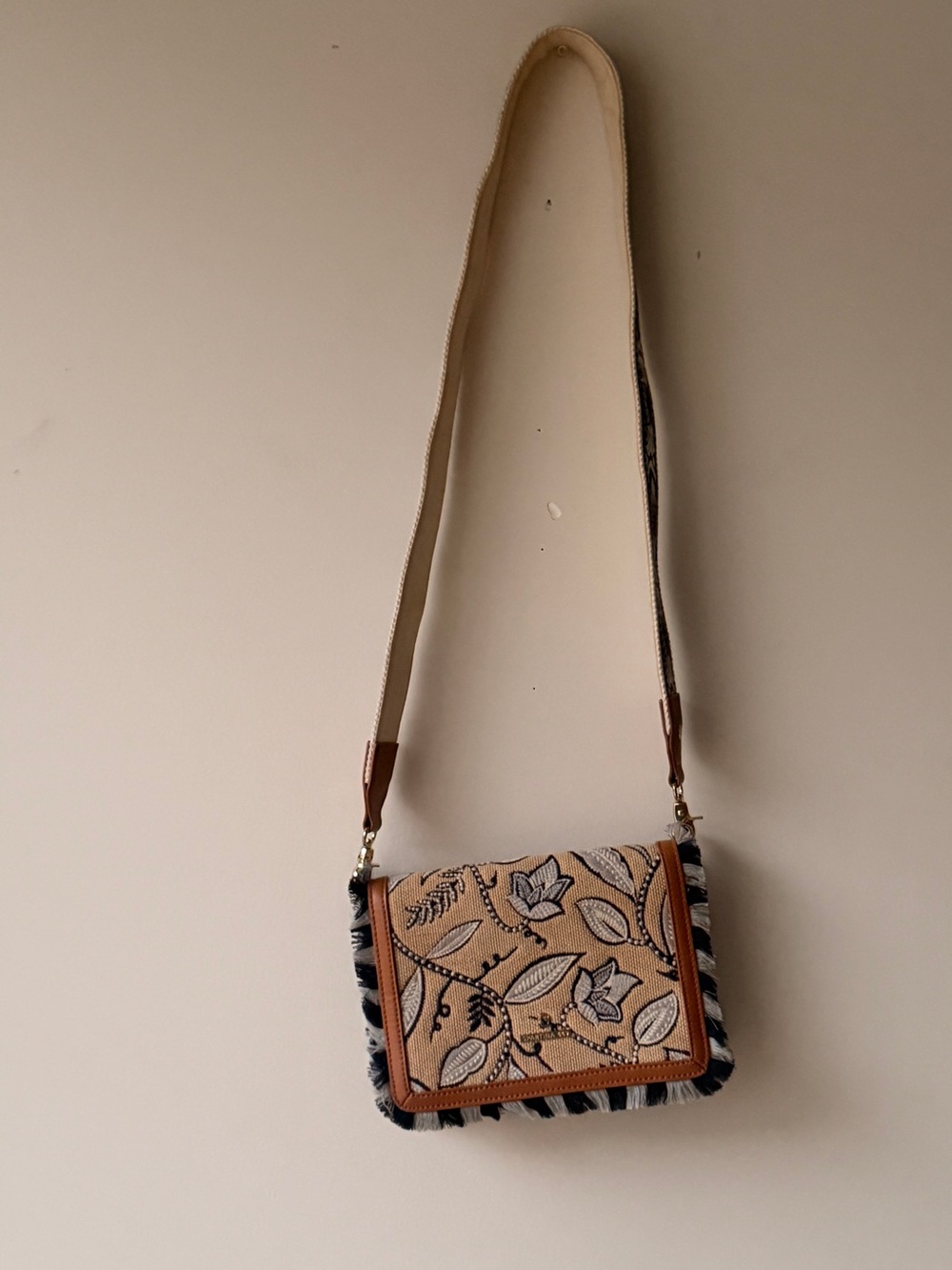 Spartina 449 Beige Floral Embroidered Crossbody with Black-Trim Fringe